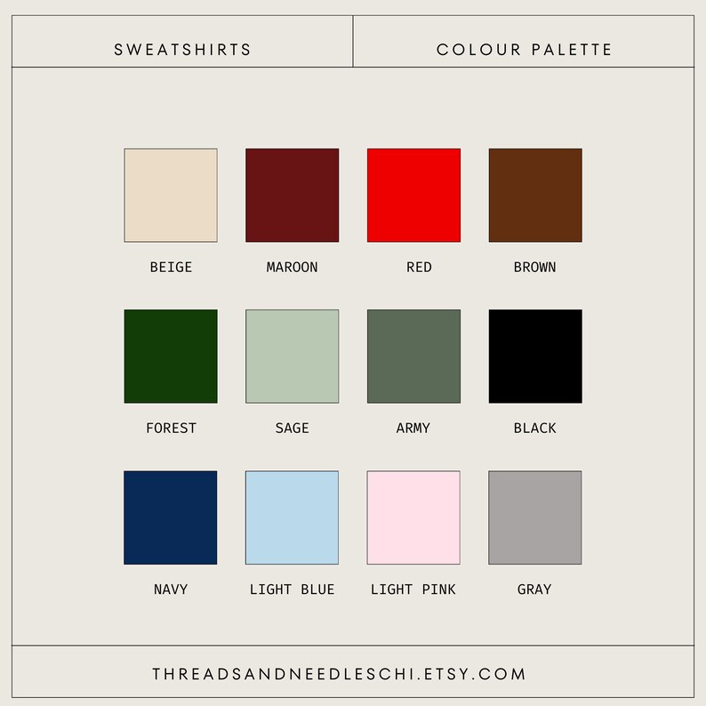 Pu&ograve; includere: Tavolozza di colori per felpe con 12 campioni di colore. I colori sono beige, marrone, rosso, marrone, verde bosco, verde salvia, verde militare, nero, blu navy, blu chiaro, rosa chiaro e grigio.