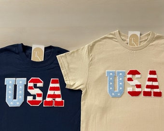 Chenille Patch 4 juli shirt, 4 juli tee, USA shirt, 4 juli mama en mij outfits, patriottisch shirt, USA vlag shirt