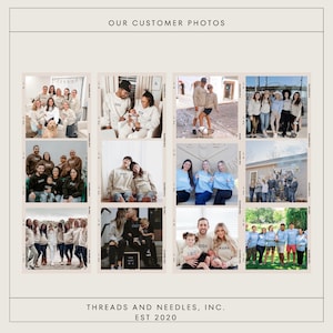 Puede incluir: Un collage de fotos con grupos de personas que llevan sudaderas a juego con diferentes dise&ntilde;os de texto, incluyendo "DAD", "MOM", "DADA", "MAMA" y "BABY". Las fotos muestran familias, amigos y parejas posando en diferentes entornos, como parques, calles y casas. El texto "THREADS AND NEEDLES, INC. EST 2020" se muestra en la parte inferior del collage.