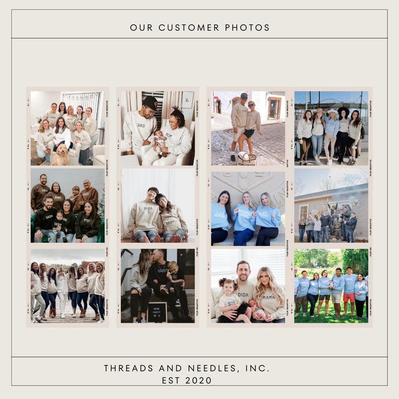 Puede incluir: Un collage de fotos con grupos de personas que llevan sudaderas a juego con diferentes dise&ntilde;os de texto, incluyendo "DAD", "MOM", "DADA", "MAMA" y "BABY". Las fotos muestran familias, amigos y parejas posando en diferentes entornos, como parques, calles y casas. El texto "THREADS AND NEEDLES, INC. EST 2020" se muestra en la parte inferior del collage.