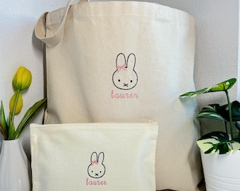 Personalized Custom Miffy Embroidered Tote Bag and Pouch Set , School bag , Bridesmaids gift , Personalized name gift , Gift set