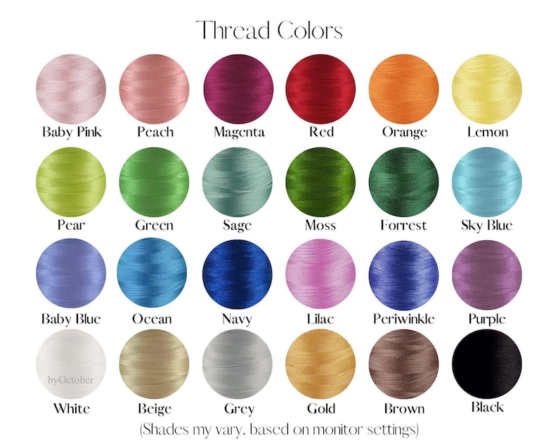 Pu&ograve; includere: Una tabella di 18 colori di filo diversi, tra cui rosa baby, pesca, magenta, rosso, arancione, limone, pera, verde, salvia, muschio, foresta, azzurro, blu baby, oceano, blu navy, lilla, pervinca, viola, bianco, beige, grigio, oro, marrone e nero. Il testo "Thread Colors" &egrave; in cima alla tabella. Il testo "(Shades may vary, based on monitor settings)" &egrave; in fondo alla tabella.