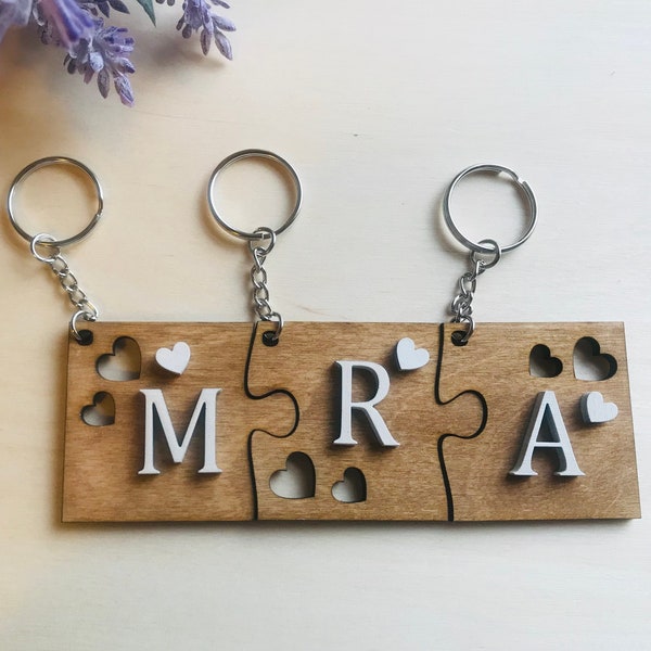 3 houten sleutelhangers gepersonaliseerde puzzel, kerstcadeau, vriendschappuzzelcadeau voor 3, beste vrienden, BFF-groep, besties, afscheidscadeau