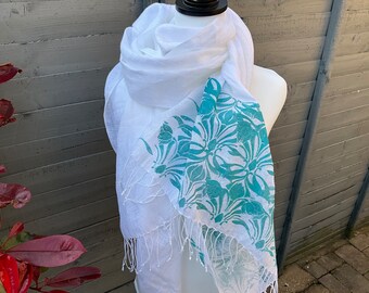 Puur witte handgedrukte linnen sjaal