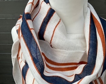 Navy and Rust Stipe and Check Combo  Pure Linen all  Over Print in Super Soft Finish Width 23” Length 73” excluding fringe .