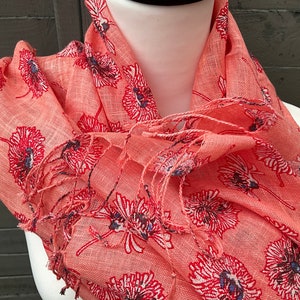 Coral Carnation  Pure Linen all  Over Print in Super Soft Finish Width 23” Length 73” excluding fringe .