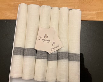 Linen Napkin in off white with Classicin Grey Contrast stripe Size 45cm x 45cm