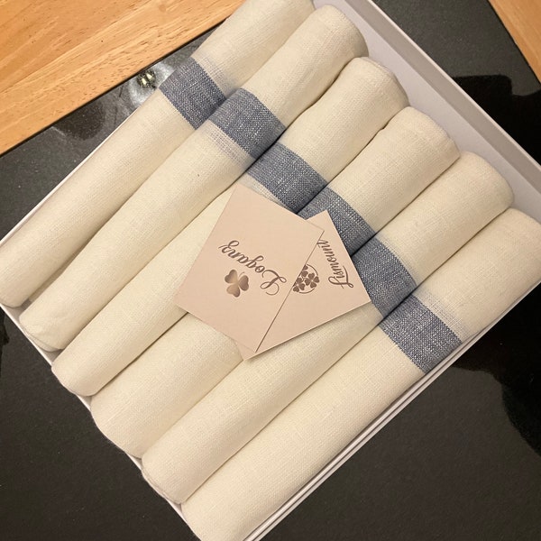 Linen Napkins in off white with Classic Blue  Contrast stripe Size 45cm x 45cm
