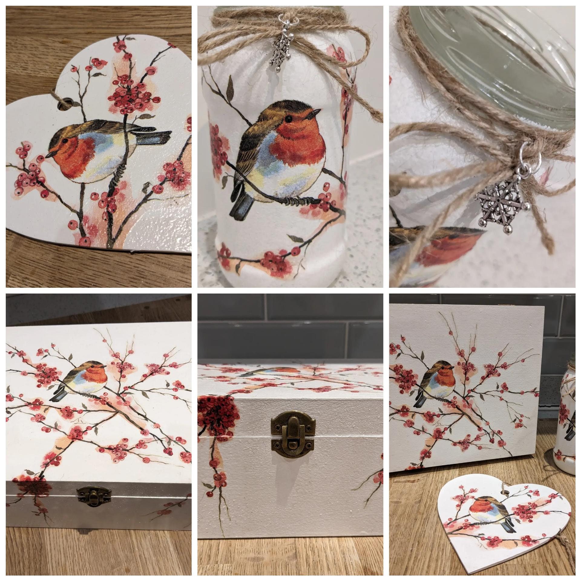 Robin Decoupaged Blossom Robin Upcycled Decoupaged Jar - With Battery Operated Tea Light ...