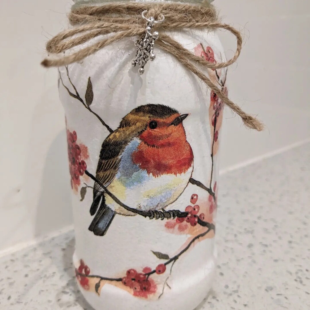 Robin Decoupaged Blossom Robin Upcycled Decoupaged Jar - With Battery Operated Tea Light ...