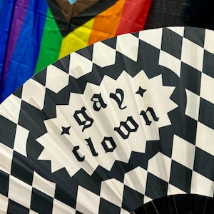 Abanico de bambú de payaso gay / Abanico de música Rave Clack del festival del orgullo / Abanico de payaso queer LGBTQIA+ Harlequin