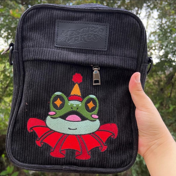Clown Frog Corduroy Bag | Clowncore Sling Bag | Cute Circus Frog Kidcore Red Green Side Bag | Circus Stripes Toad Decora Fashion