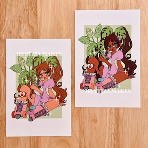 Rollschuhpflanze Skater Mini Print | Niedliches Sprout Matte Postkarten-Poster | Floral Quad Skates Mädchen | Monstera Deliciosa Zimmerpflanze Kunst