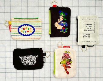 Mini Zippered Pouches | Clown Lovecore Skate Coin Purse | Metal Font SW Labor Rights Wallet Makeup Pouch | Queer Non-Binary Trans Mini Purse