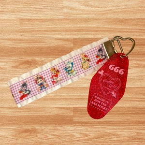 Kitschy Vintage Valentine Bunny Lanyard / Key Chain | Ruffle Frill Bunnies Key Fob | Rabbit Valentine&#39;s Day Gingham Pastel Antique Wristlet