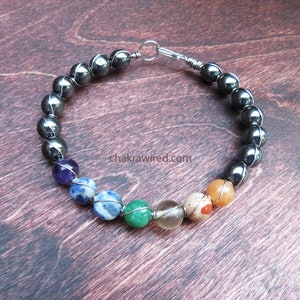 7 Chakra Bracelet with Natural Crystal Gemstones, Hematite on silver tone wire - Yoga, Meditation, Protection, Love, Energy, Healing