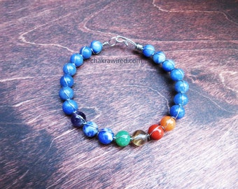 7 Chakra Bracelet with Natural Crystal Gemstones, Blue Aventurine on silver tone wire - Yoga, Meditation, Protection, Love, Energy, Healing