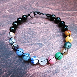 13 Chakra Bracelet with Natural Crystal Gemstones, Black Onyx on Black Copper wire - Yoga, Meditation, Protection, Love, Energy, Healing