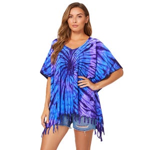 Plus Size Tie Dye Rayon Poncho Kaftan: Handgjord fransblus