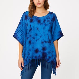 Blusa tipo caftán con efecto tie-dye, estilo poncho, hecha a mano, talla grande