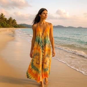 Boho Tie-Dye Halter Maxi Dress – Handmade Backless Flowy Beach Dress