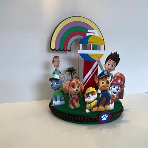 Puede incluir: Un adorno para pastel con tem&aacute;tica de Patrulla Canina con un arco&iacute;ris, un faro y personajes del programa. Los personajes incluyen a Chase, Skye, Marshall, Rocky y Zuma. El adorno es perfecto para una fiesta de cumplea&ntilde;os con tem&aacute;tica de Patrulla Canina.