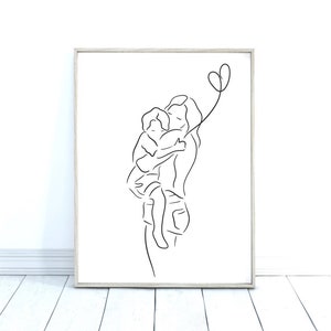 母性アートプリント/母と子のラインアート/家族のラインアート/家族のポートレート/スカンジナビアの壁画/母と子のプリント/
