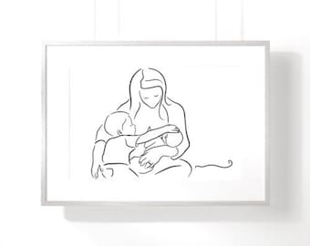 Breastfeeding Art/ Tandem Feeding Art/ Breastfeeding Print/ Motherhood Art/ Line Art Print/ New Mum Gift/ Motherhood