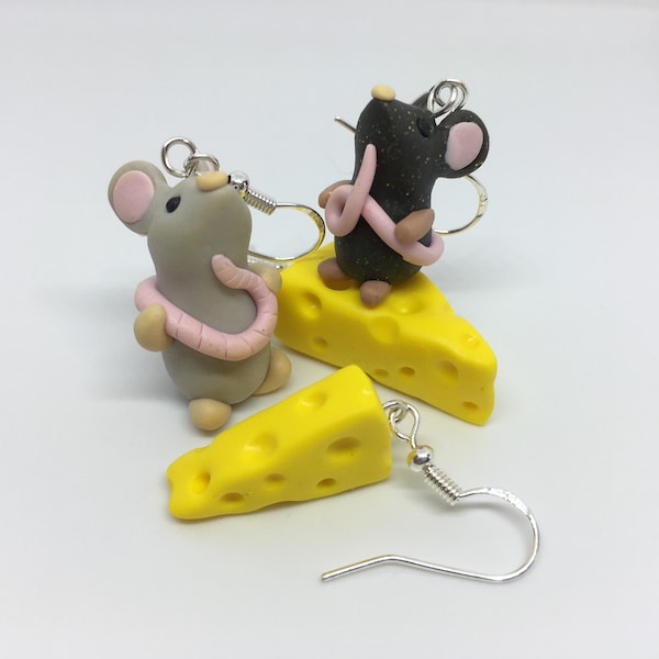 Who Moved My Cheese? earrings - handmade polymer clay & sterling silver jewellery - mouse and cheese