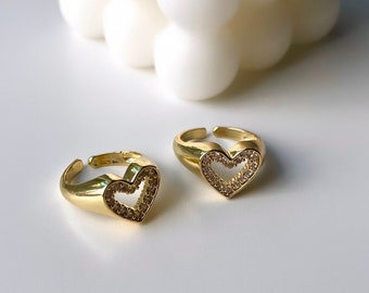 14k gold filled chunky heart ring, Gold Heart signet ring, Gold CZ paved heart ring, CZ Heart ring, Minimalist heart ring, gift for her