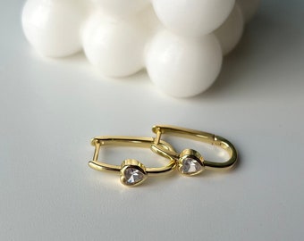 14k Gold Filled Oval Heart  Hoop Earrings, Gold CZ heart hoop earrings, Gold lightweight oval hoop earrings, minimalist hoops girl/women