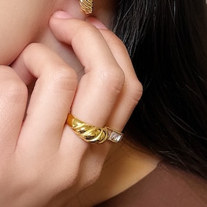 Gold Croissant Ring, Chunky Gold Ring, Twist Dome Ring, Rope Ring, Stainless Steel Ring, Statement Rings women, Gift for Her Girlfriend Wife