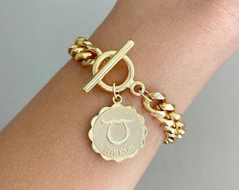 Gold Zodiac Bracelet, Gold Astrology Bracelet, Horoscope Bracelet, Zodiac Charm,Thick Chain for Women, Gold Bracelet for Gift, Gift for her
