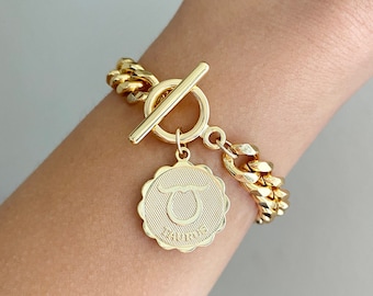 Gold Zodiac Bracelet, Gold Astrology Bracelet, Horoscope Bracelet, Zodiac Charm,Thick Chain for Women, Gold Bracelet for Gift, Gift for her