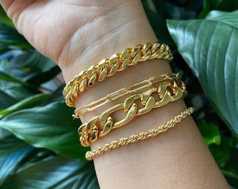 Gold Chunky Bracelet Set, 18k gold plated Bracelet Set, Thick Link Chain Bracelet, Paperclip Chain bracelet, Rollo chain bracelet stack