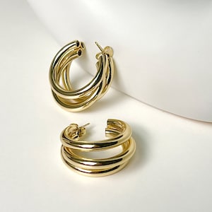 Gold Triple Hoop Earrings, Three Hoop Earrings, Statement Hoops, Chunky Gold Hoops, Modern hoop, Minimalist Earrings, Gifts for her