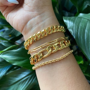 Set di bracciali in oro massiccio, set di bracciali placcati in oro 18k, bracciale a catena a maglie spesse, bracciale a catena Paperclip, bracciale a catena Rollo impilabile
