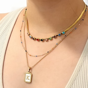 Gold Herringbone Chain Necklace, Gold Layered necklace set, Snake Chain Necklace, Colorful Necklace, Multicolored Necklace, Gift for mom