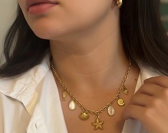 Personalized charm necklace, coastal charm necklace, seashell charm necklace, trendy charm necklace, gold chunky necklace, gift for her