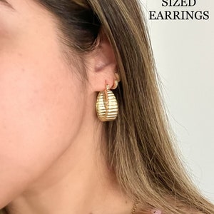 14k Gold Filled Ridged Hoop Earrings, Chunky Textured Earring Women, Gold Oval Chunky Hoop Earrings, Medium Gold Hoops, Thick Gold Hoops