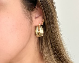 14k Gold Filled Ridged Hoop Earrings, Chunky Textured Earring Women, Gold Oval Chunky Hoop Earrings, Medium Gold Hoops, Thick Gold Hoops