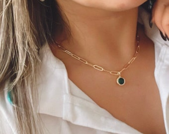 18k Gold plated round emerald CZ necklace, gold emerald stone charm, Green gemstone charm necklace, layering paperclip chain necklace