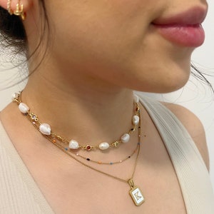 Pearl Gold Necklace, Pearl Initial Necklace, Personalized Gold Necklace, Multicolored Necklace, Layering necklace set, Gift for her