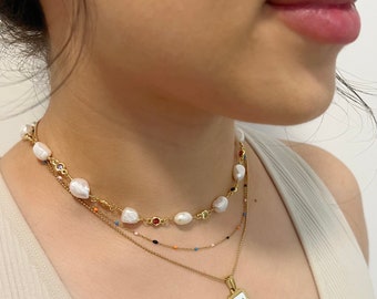 Pearl Gold Necklace, Pearl Initial Necklace, Personalized Gold Necklace, Multicolored Necklace, Layering necklace set, Gift for her