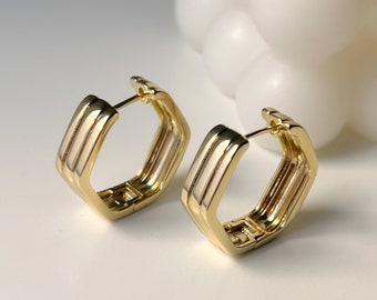 14k Gold Filled Hexagon Hoop Earrings, Chunky Modern Earrings Women, Gold Chunky Hoop Earrings, Medium Gold Hoops, Thick Geometric Hoops