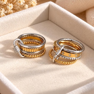 Stapelbara ringar i blandad metall, stapelbara ringar i rostfritt stål, karbinhake i 925 sterlingsilver, ringstapel i guld och silver, present till henne