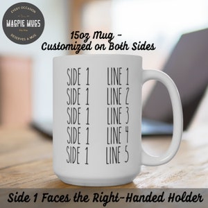 May include: A white 15oz mug with black text that reads "SIDE 1 LINE 1" through "SIDE 1 LINE 5". The mug is on a wooden surface and the text "Side 1 Faces the Right-Handed Holder" is below the mug.