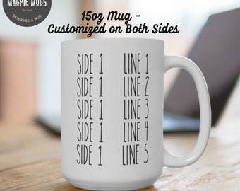 May include: White 15oz mug with black text that reads "SIDE 1 LINE 1" through "SIDE 1 LINE 5". The mug is on a wooden surface and the text "Side 1 Faces the Right-Handed Holder" is below the mug.