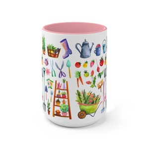 May include: White ceramic mug with a pink interior, decorated with watercolor illustrations of gardening tools, plants, and produce. The design includes a watering can, boots, and a wheelbarrow. A perfect gift for gardeners.