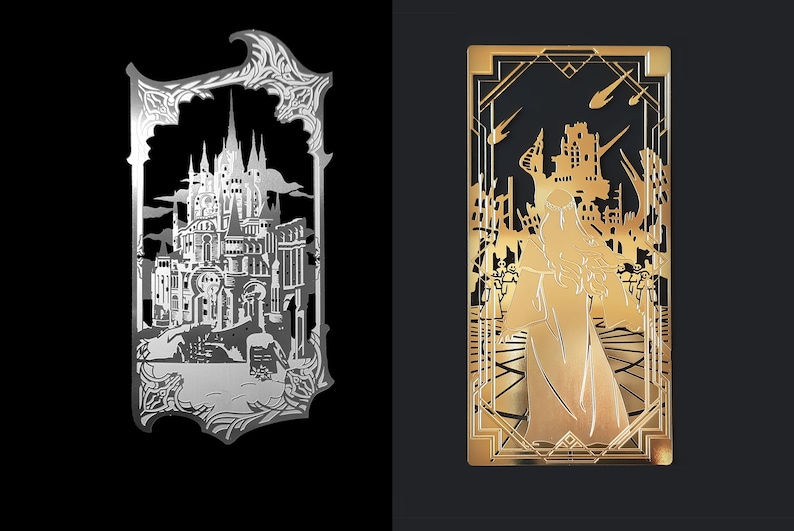 May include: Two metal cutouts, one silver and one gold, depicting a castle and a figure in a robe, respectively. Both cutouts have a decorative frame.